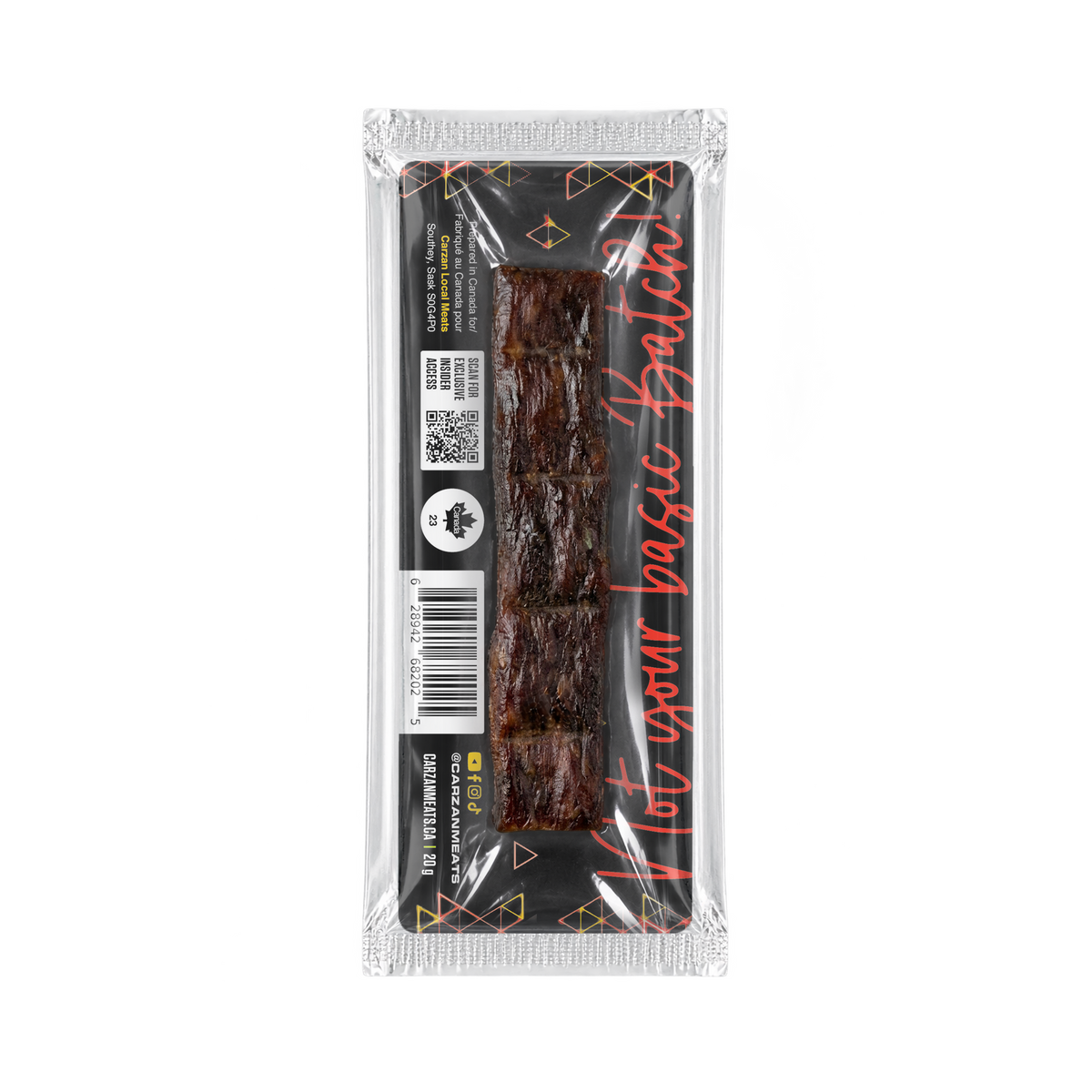 Back of Carzan Sweet Chili Heat grass-fed beef jerky bar showing nutrition facts