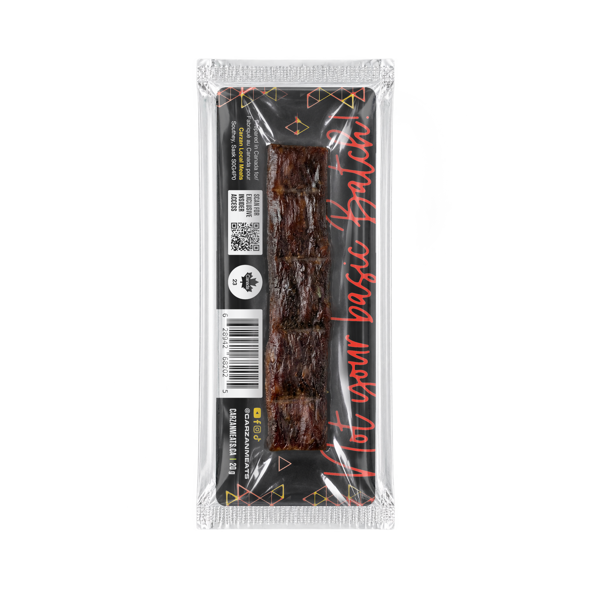 Back of Carzan Sweet Chili Heat grass-fed beef jerky bar showing nutrition facts
