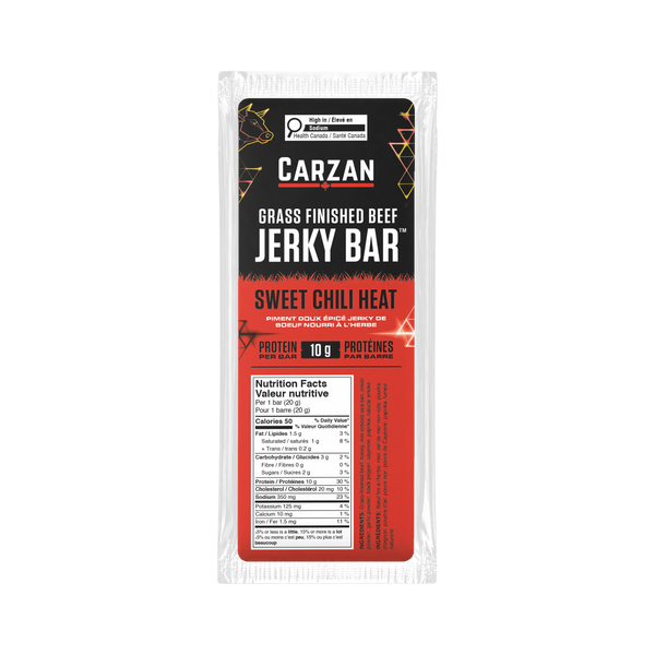 Front of Carzan Sweet Chili Heat grass-fed beef jerky bar