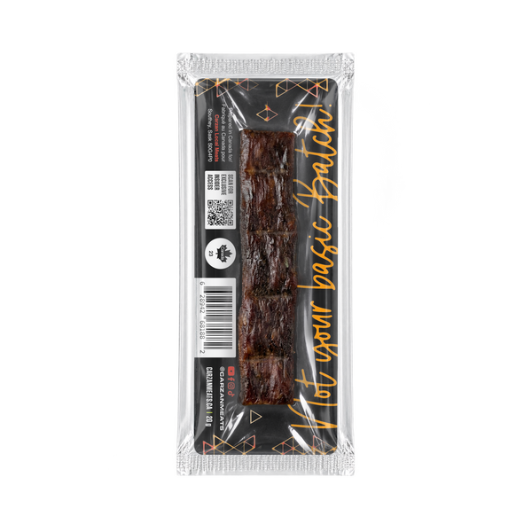 Back of Carzan Teriyaki grass-fed beef jerky bar showing nutrition facts