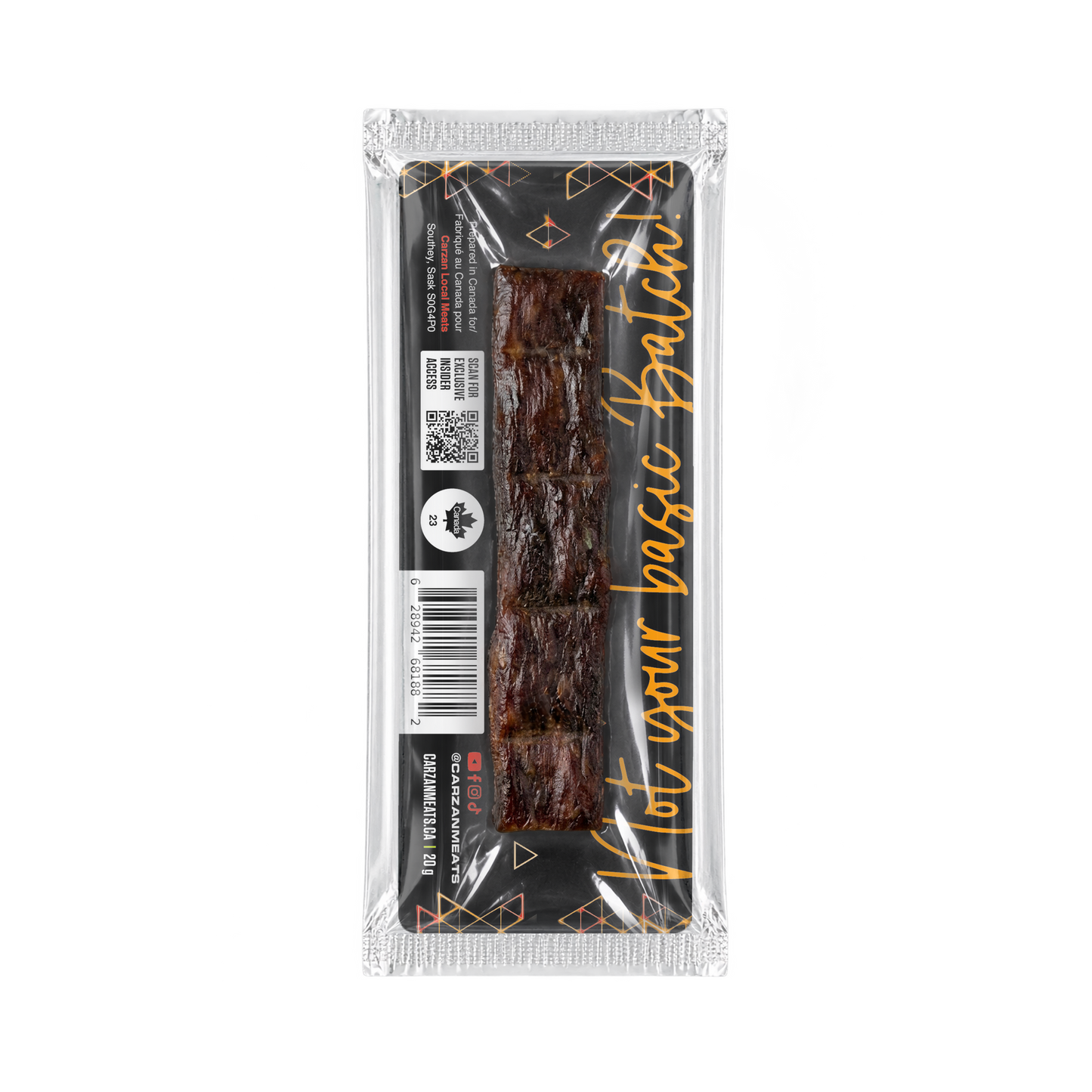 Back of Carzan Teriyaki grass-fed beef jerky bar showing nutrition facts